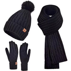 Women’s Black Winter Beanie Hat Scarf & Touchscreen Gloves 3-in-1 Gift